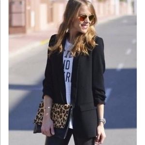 Zara Black Crepe Boyfriend Fit Open Front Ruched Sleeve Blazer